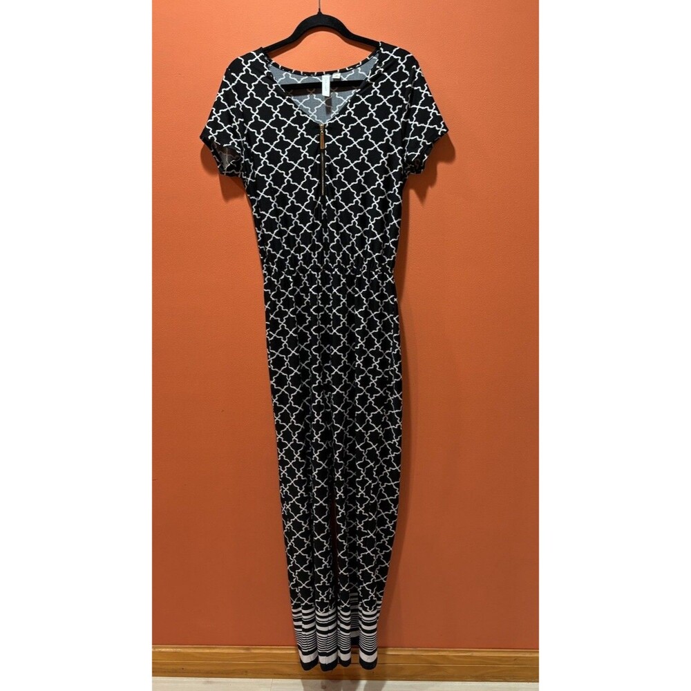 Jumper Black White Sz M One Piece Romper Wide Leg Zipper Geometric Stretchy FLAW